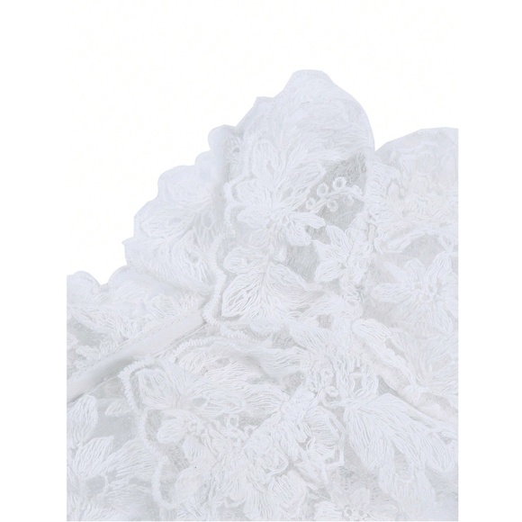 Guipure Lace on Mesh White V-Neck Floral Pattern Button Down Shirt Sheer - Picture 10 of 11